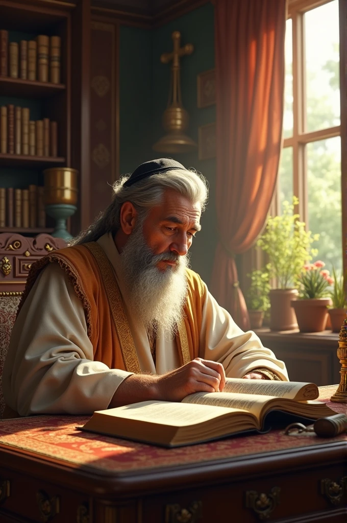 Generate an image of a believing Israelite who reads the Bible and is prosperous.