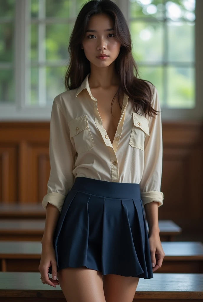 (18-year-old  Filipina woman:1.4), (medium length straight hair:1.6), (brown eyes:1.6), (shirt:1.6), (bare breasts:1.6), (navy pleated very small microskirt:1.6), (thigh length socks:1.4), (posing like erotic model:1.4), (lecture hall:1.6), sweaty skin, toned, full-length photo, 70mm lens, aesthetic, symmetrical, muscular, athletic, sharp, textured skin, perfect body, goosebumps, realistic, (huge breasts:1.6), detailed, slim, small waist, (perfect fingers:1.2), perfect pussy, (natural pubic hair:1.6), photographed by a Nikon Z7 II Camera, 