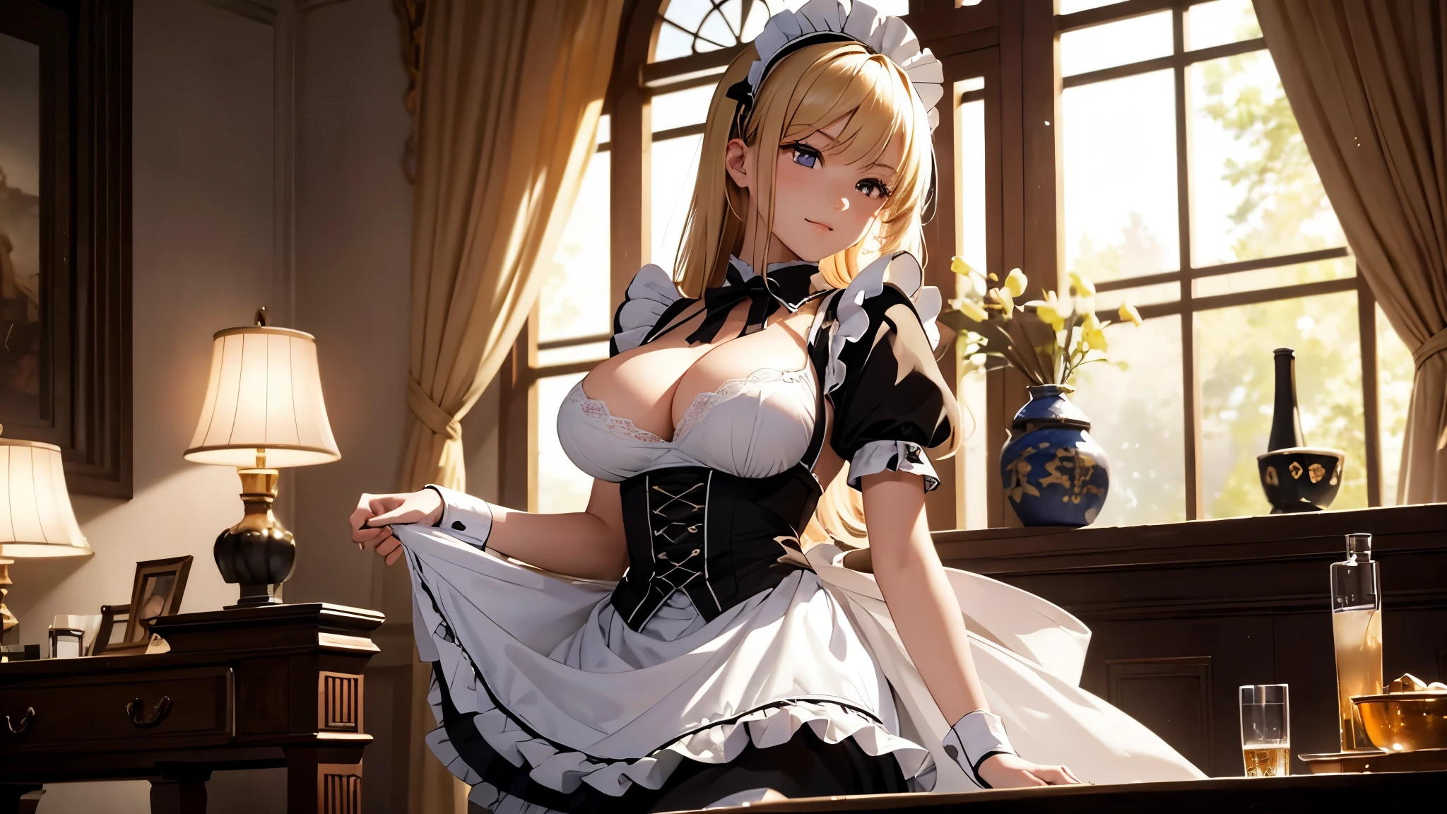 (masterpiece, high resolution,ultra - detailed:1.0),1 girl,Young and beautiful women,eye looking to camera,Perfect female body, big beautiful elongated breasts, breast cup h, Extremely long breasts, Extremely detailed CG,Unity 8k wallpaper,Complicated details, solo person, (skimpy Maid clothes), French Maid Open Uniform, short skimpy Maid dress, lace stockings, color difference, Depth of field,dramatic shadow, Ray tracing, Best quality, Cinematic lighting, Beautiful young maid, manipulative cunning, sly dominant maid, cruel, deceitful, fake smiles,blonde