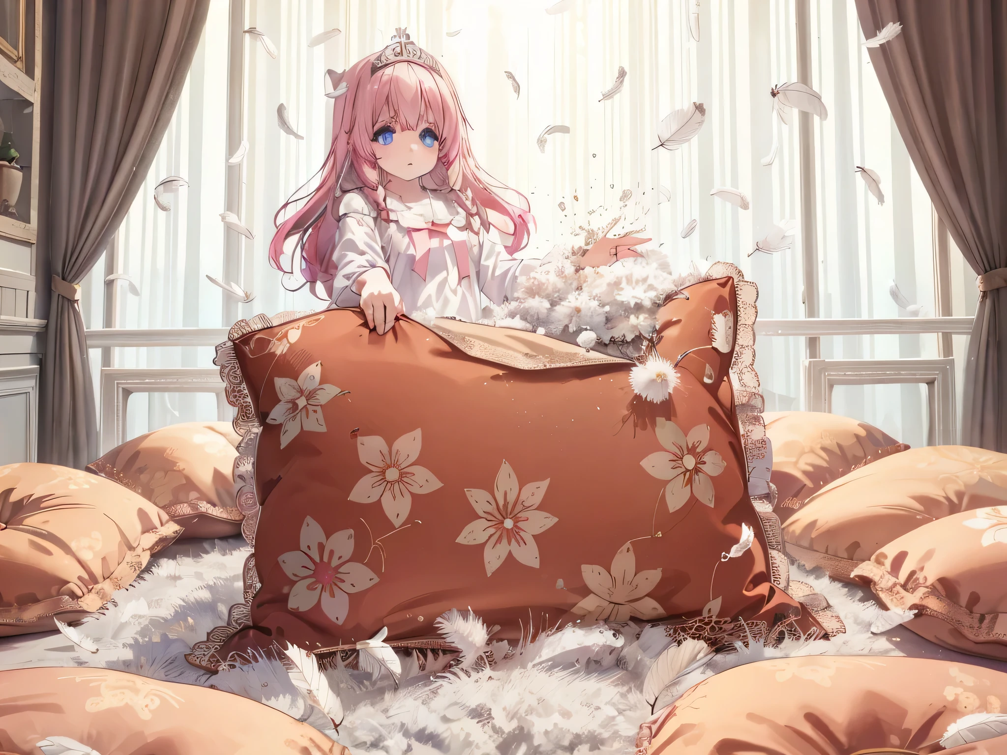 (best quality， masterpiece) , details, (Light and shadow oxtail) , Cute girl posing on pillow ，Pillow, Upholstered，Soft pillow，（Pillow），The love surrounding the protagonist，steam，(Luxury Pillow），（Gorgeous pattern pillow），luxurious pillow, standing,（Love around the protagonist），（pillow）, frilled pillow , ((pink pillow))  , 1 pillow, standing on a top of pillow, on pillow, big pillow, fluffy pillow, pillow damage, stomping pillow, stonping, pillow on floor, stepping on pillow, posing on top pillow, full body, pillow on floor, (((feathers))), pillow destroy, ripping pillow, tearing pillow in half, feathers everywhere, cotton, stuffing pillow, LatifaFleuranza, blonde hair, blue eyes, very long hair, tiara, LatifaPajama, pajamas