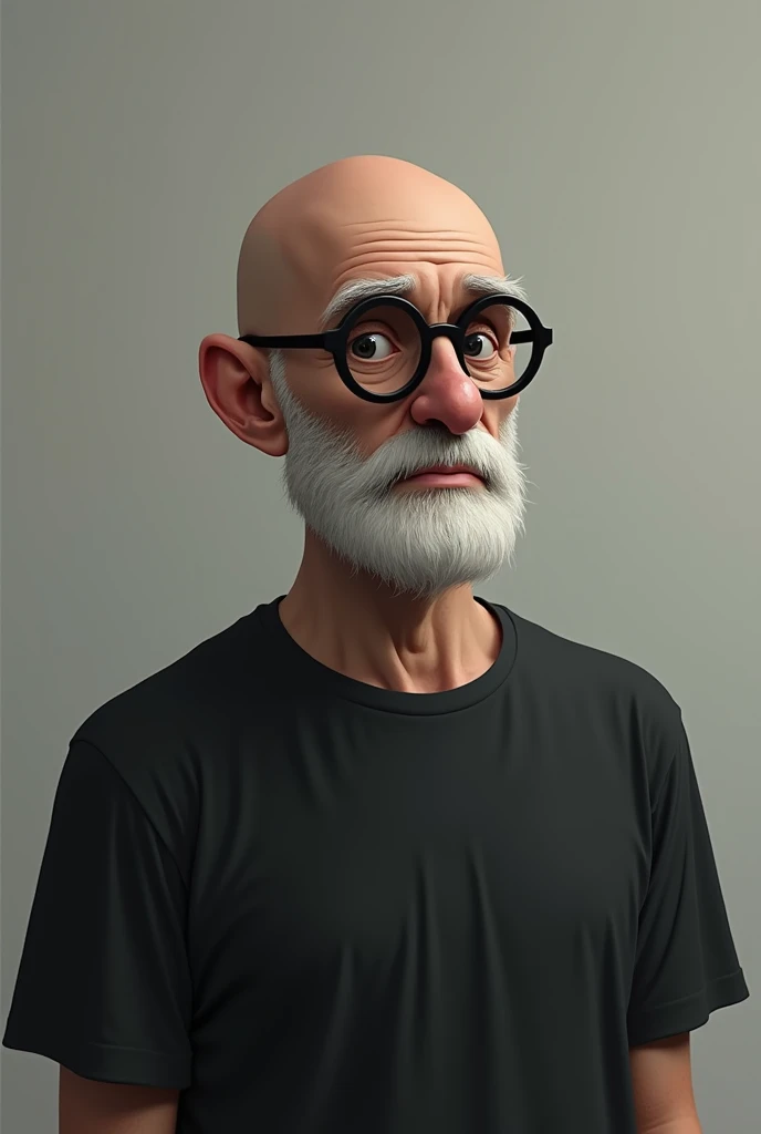 Bald Caucasian man 40 years old , drooping nose, white beard round glasses dark lenses ,shaved head with no hair on the sides of the head ,black tee