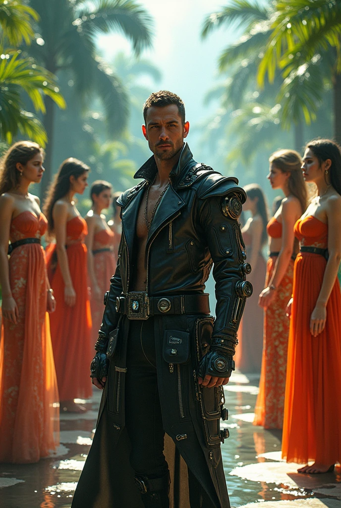 A man dressed in cyberpunk style stands in the middle of an oasis, behind him are realistic luxurious girls in different dresses