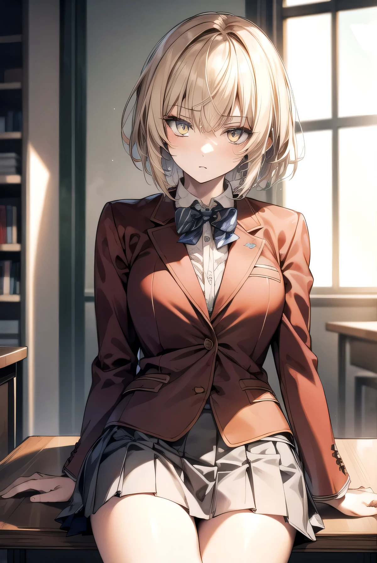 Messy hair, short blonde hair, (yellow eyes:1.3), brown iris 
BREAK bow, school uniform, jacket, bowtie, blue bowtie, blazer, (red blazer:1.5), skirt, white skirt,
BREAK classroom 
BREAK sitting and looking down, (cowboy shot:1.5),
BREAK (masterpiece:1.2), best quality, high resolution, unity 8k wallpaper, (illustration:0.8), (beautiful detailed eyes:1.6), extremely detailed face, perfect lighting, extremely detailed CG