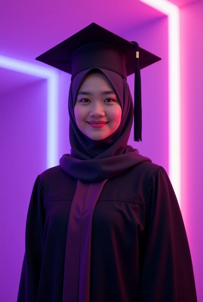 A , wearing hijab, wearing black graduation hat, in black graduation gown,  purple color lighting background, purple color lighting effect, neon lighting, cute background, simple background, kawaii background 