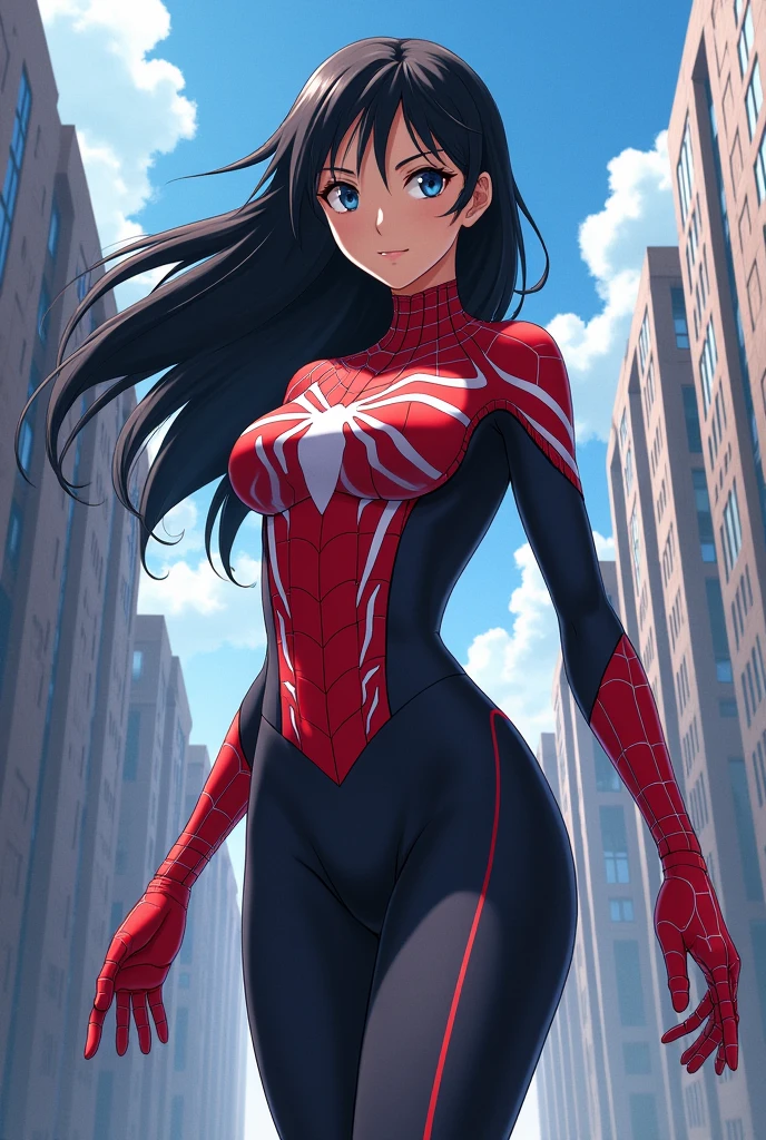 Generate a full body image of a beautiful girl with a powerful spider type quirk in my hero academia