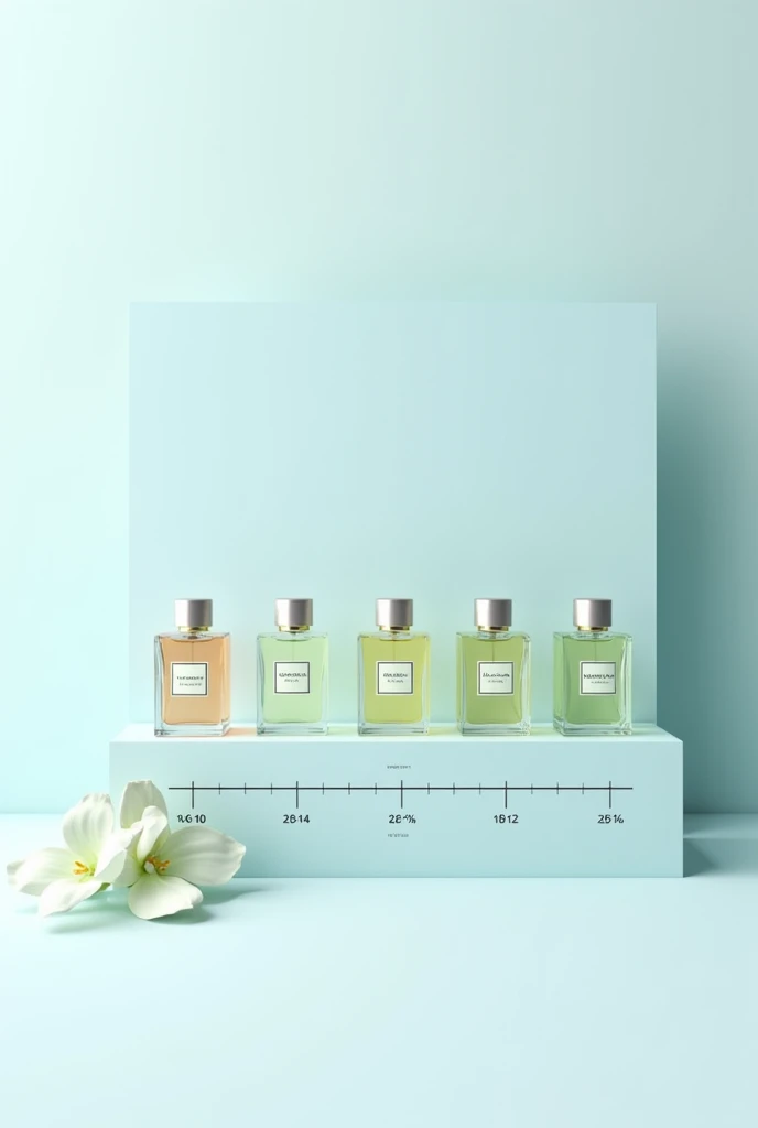 5 perfume bottles arranged horizontally, each with a label indicating the type of fragrance (cologne, Splash, eau de toilette, Eau de scent, scent). above each bottle, a number indicating the percentage concentration of the fragrance. below the bottles, an arrow pointing to a time scale showing the approximate duration of each fragrance on the skin. minimal style, linhas limpas, soft blue color palette, green and gold, white background, artstation quality, --aspect 3:2
