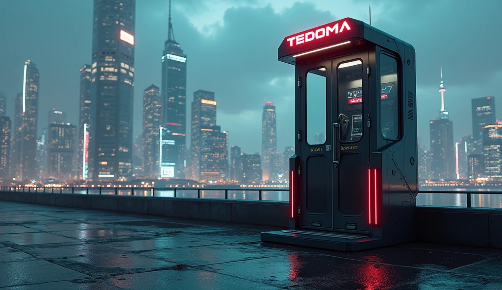image generated of a phone booth with a futuristic city in the background, Promotional Art BBC, by Wayne England, futuristic telephone booth, positioned on the right side, Written on top of the booth TEDOMA, cyberpunk, 3840x2160, 3840 x 2160, por Derek Hill, Dr. Quem, por Jason Benjamin