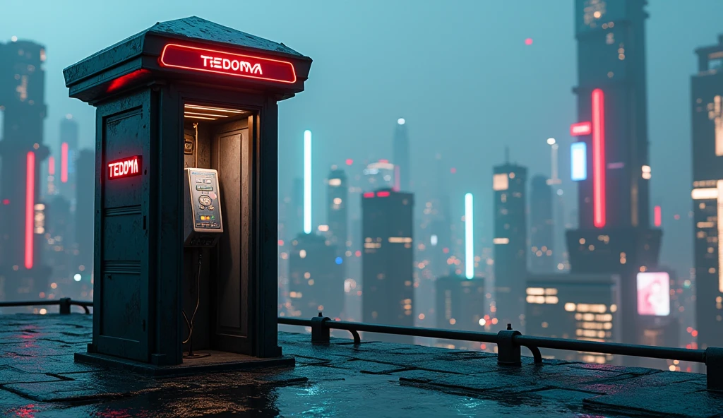 image generated of a phone booth with a futuristic city in the background, Promotional Art BBC, by Wayne England, futuristic telephone booth, positioned on the right side, Written on top of the booth TEDOMA, cyberpunk, 3840x2160, 3840 x 2160, por Derek Hill, Dr. Quem, por Jason Benjamin