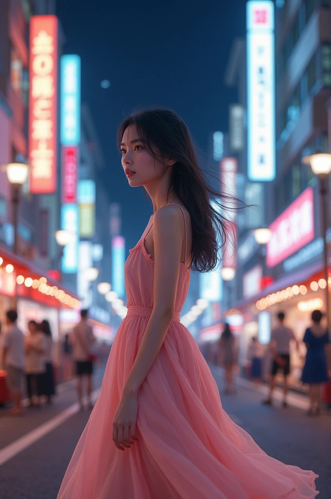 A relatively young looking woman in her 19s in Tokyo at night, she is wearing a very feminine pink dress and looking to the side.