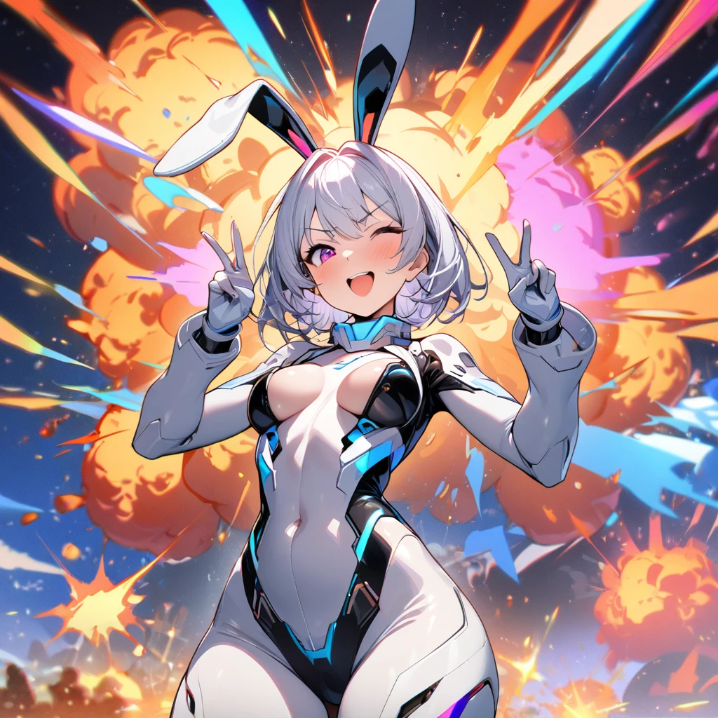 1girl, wink, short hair, dressed with futuristic suit, robotic rabbit ears ,v pose ,space in background, detail richness, masterpiece, best quality, flashy colors, explosion of color