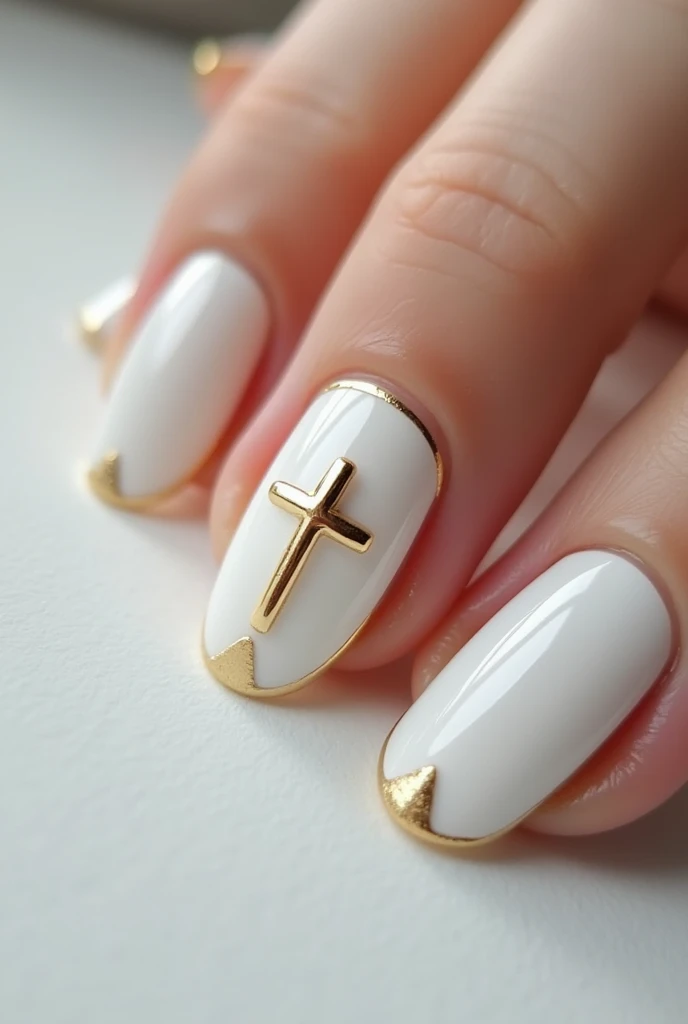 White gel nails. 1,5 cm. Lacquered golden facings with a Christian cross