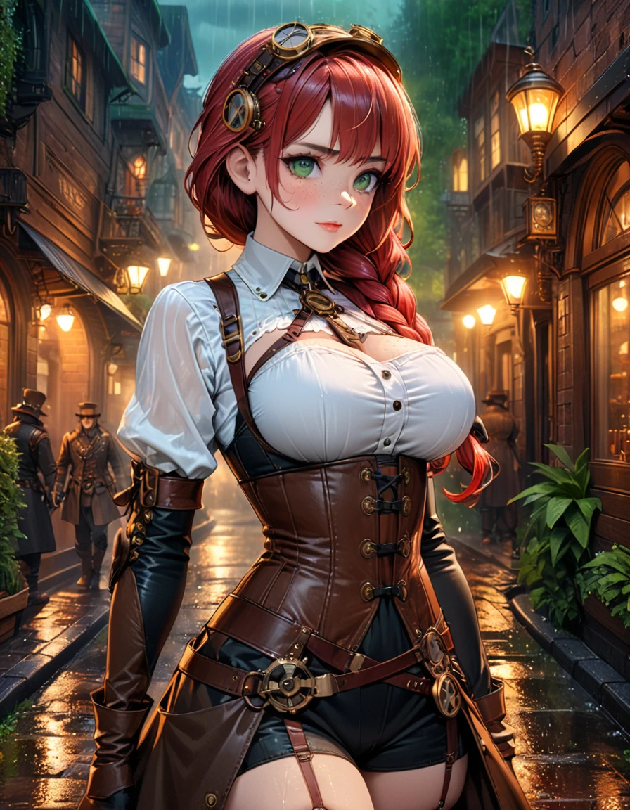 detailed textures, high quality, high resolution, high precision, realism, color correction, correct lighting settings, harmonious composition. Steampunk And, a beautiful woman, standing in the rain, on a fantasy street, with freckles, green eyes and long red hair braided, in a corset with big breasts, a steampunk girl--ar 3:4 --niji 6