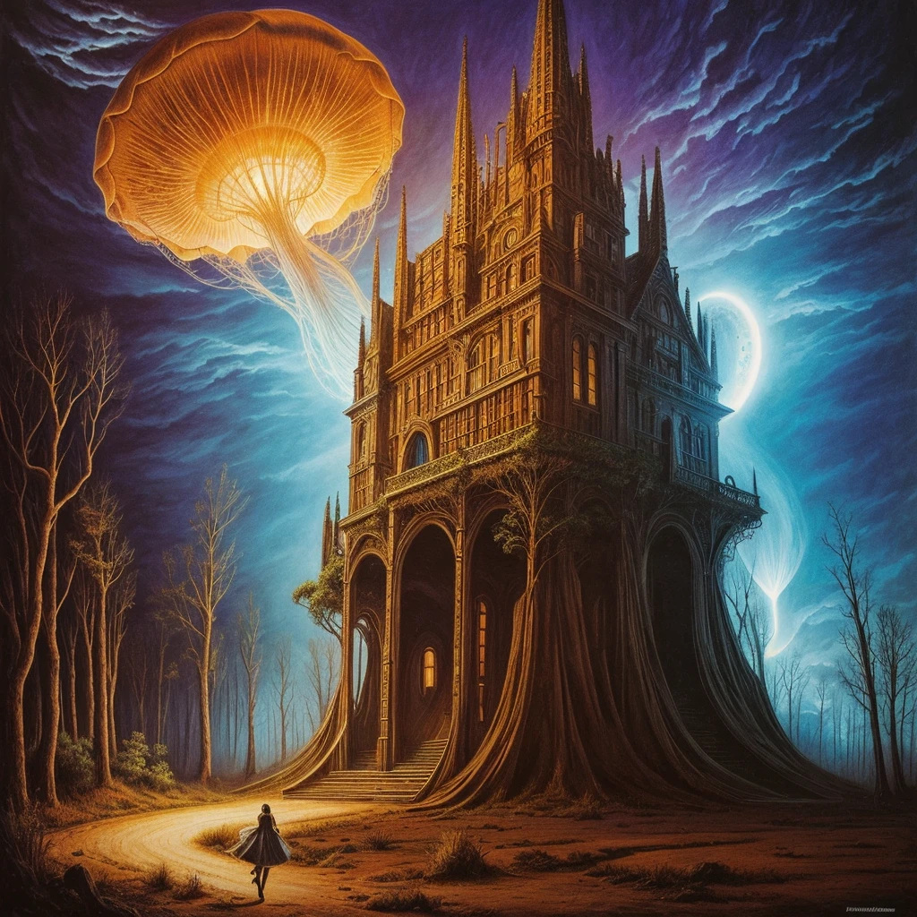 golden hour, paranormal activities, surreal portrait of a beautiful scared young woman with face of Audrey Hepburn morphed with Anne Hathaway screaming running away from taxes and dancing, colorful forrest with weird trees, log palace, gigantic jellyfish ufo producing tornado whirlpool, hedgehog giraffe, swing, psyhodelic horror mood, color pencil art in style of zdzisław beksiński