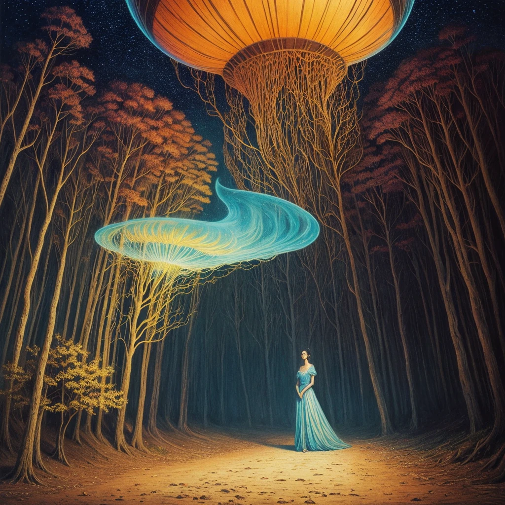 golden hour, paranormal activities, surreal portrait of a beautiful scared young woman with face of Audrey Hepburn morphed with Anne Hathaway screaming running away from taxes and dancing, colorful forrest with weird trees, log palace, gigantic jellyfish ufo producing tornado whirlpool, hedgehog giraffe, swing, psyhodelic horror mood, color pencil art in style of zdzisław beksiński