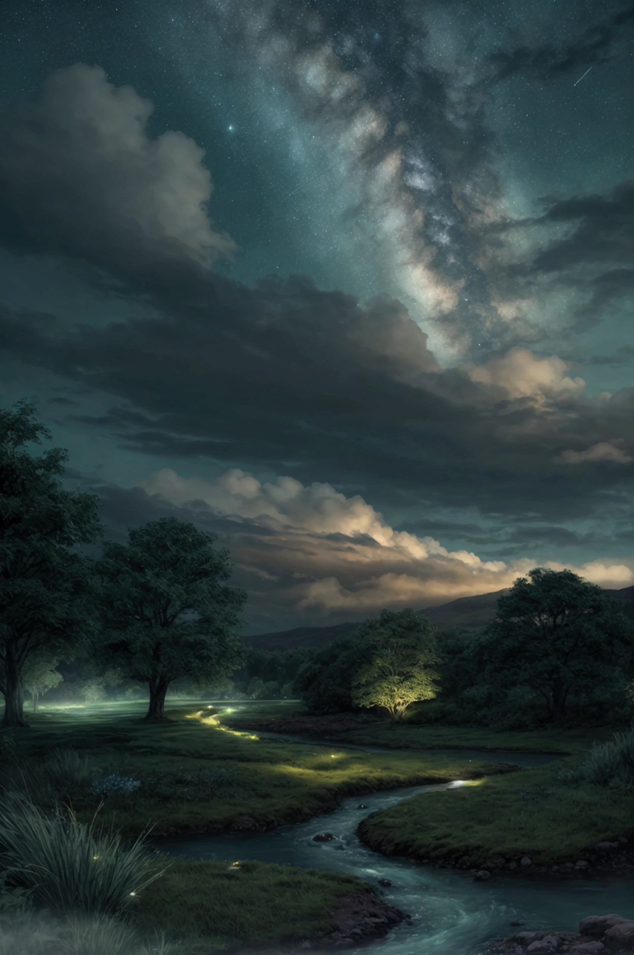 a magical night sky, a beautiful green stream, detailed clouds, soft lighting, clean background, masterpiece, 8k, photorealistic, cinematic, vivid colors, dramatic lighting, stunning scenery, serene atmosphere, ethereal, fantasy, mystical