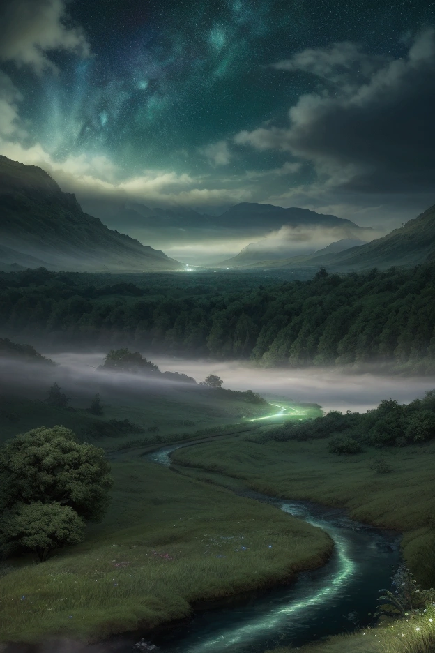 a magical night sky, a beautiful green stream, detailed clouds, soft lighting, clean background, masterpiece, 8k, photorealistic, cinematic, vivid colors, dramatic lighting, stunning scenery, serene atmosphere, ethereal, fantasy, mystical