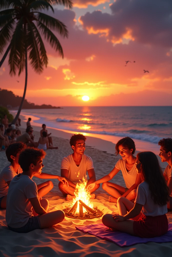 sunset with a bonfire and young people on the beach plus young people kissing