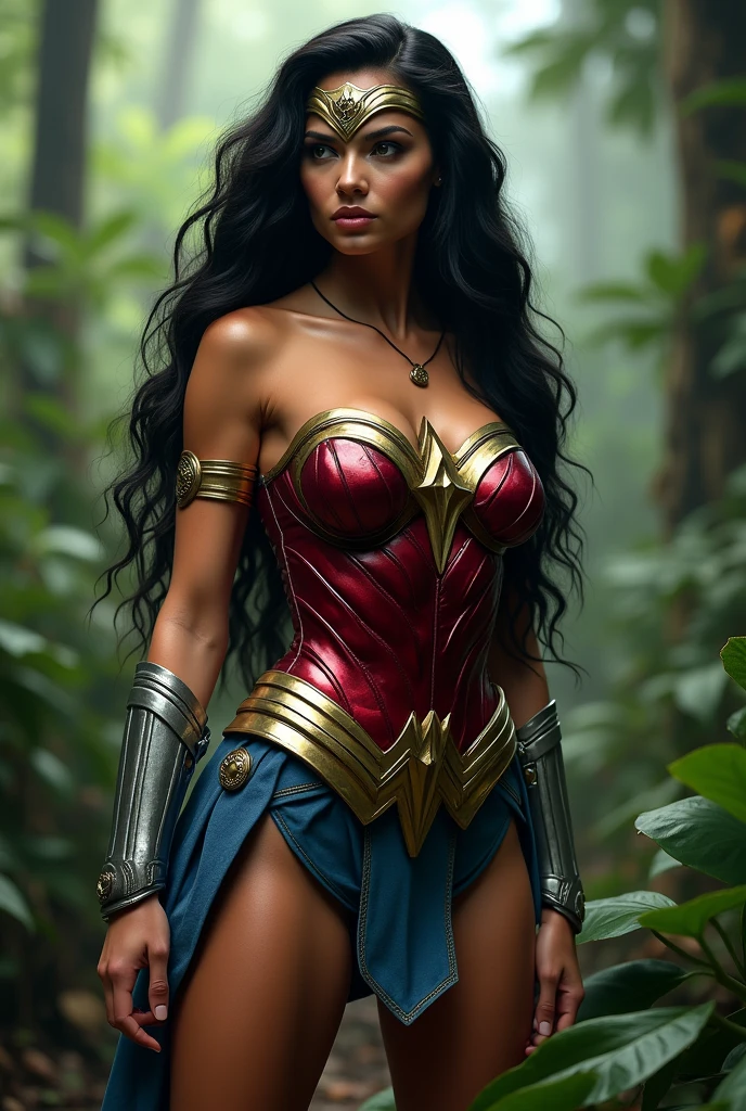 Adriana Lima under the mantle of the Amazon warrior Wonder Woman long black hair Dreadlocks Diaema Wonder Woman on her forehead red corset suit and light blue Legis red boots