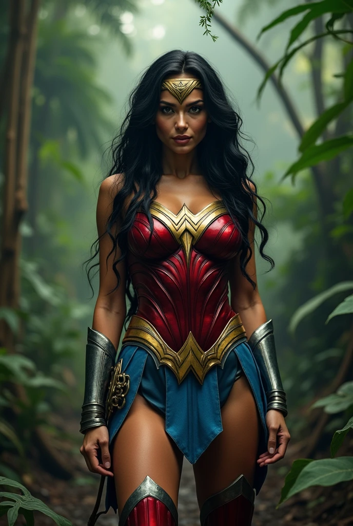Adriana Lima under the mantle of the Amazon warrior Wonder Woman long black hair Dreadlocks Diaema Wonder Woman on her forehead red corset suit and light blue Legis red boots