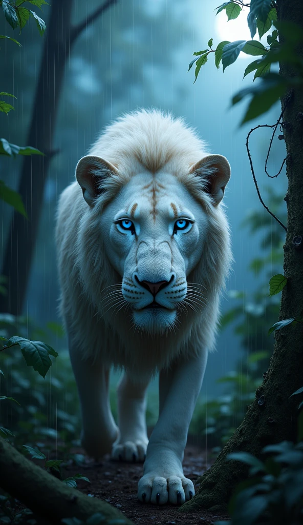 Generate an ultra realistic 8k image of a White Lion with blue eyes on a rainy night, in jungle, focus on the lion's face