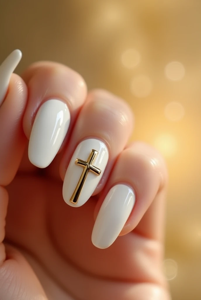 White gel nails. 1,5 cm. Lacquered golden facings with a Christian cross