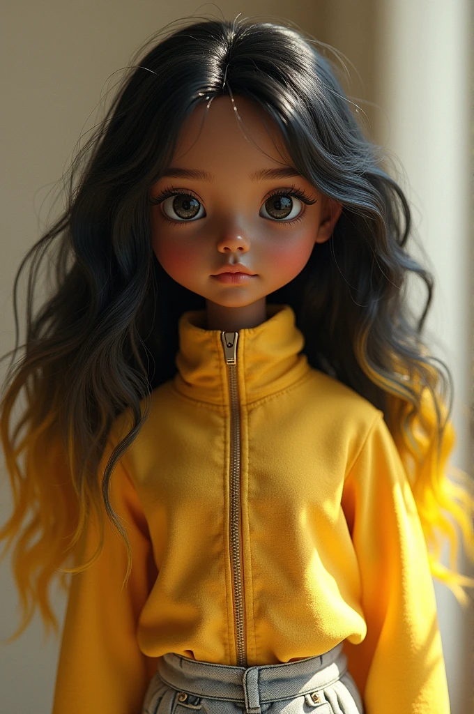 Brown doll with black hair and yellow tips