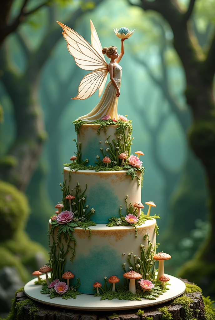 A three tiered enchanted forest themed cake with a fairy in-between the second and first tier, holding the first tier up
