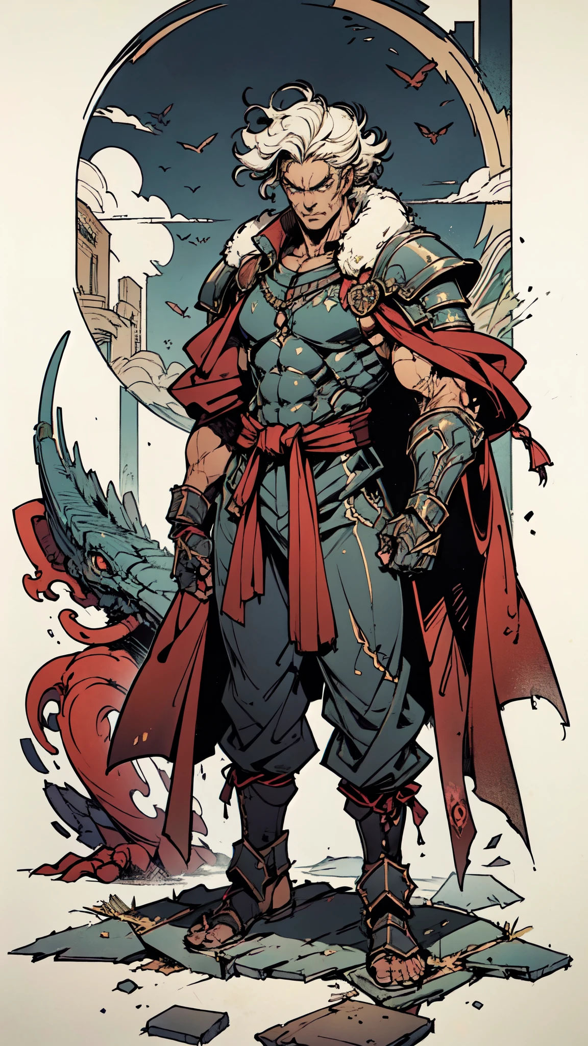 (masterpiece:1.2, best quality:1.2, extremely delicate:1.2), a middle-aged man, wild disheveled long hair streaked in red and black, a rugged and imposing face, a lightning-shaped tattoo on the left side of his face, sharp eyes, a confident smile, a tall and muscular build, a fantasy martial arts-style short-sleeved coat, form-fitting scale armor underneath, a black fur shawl drapes over his shoulders, wrist guards, matching canvas trousers, stands majestically on shattered ground, surrounded by floating debris, this character embodies a finely crafted fantasy martial arts-style overlord in anime style, exquisite and mature manga art style, dramatic, high definition, highres, ultra-detailed, ultra-fine painting, professional, perfect body proportions, golden ratio, anatomically correct, symmetrical face, extremely detailed eyes and face, high quality eyes, creativity, RAW photo, UHD, 32k, Natural light, cinematic lighting, (masterpiece-anatomy-perfect:1.2)