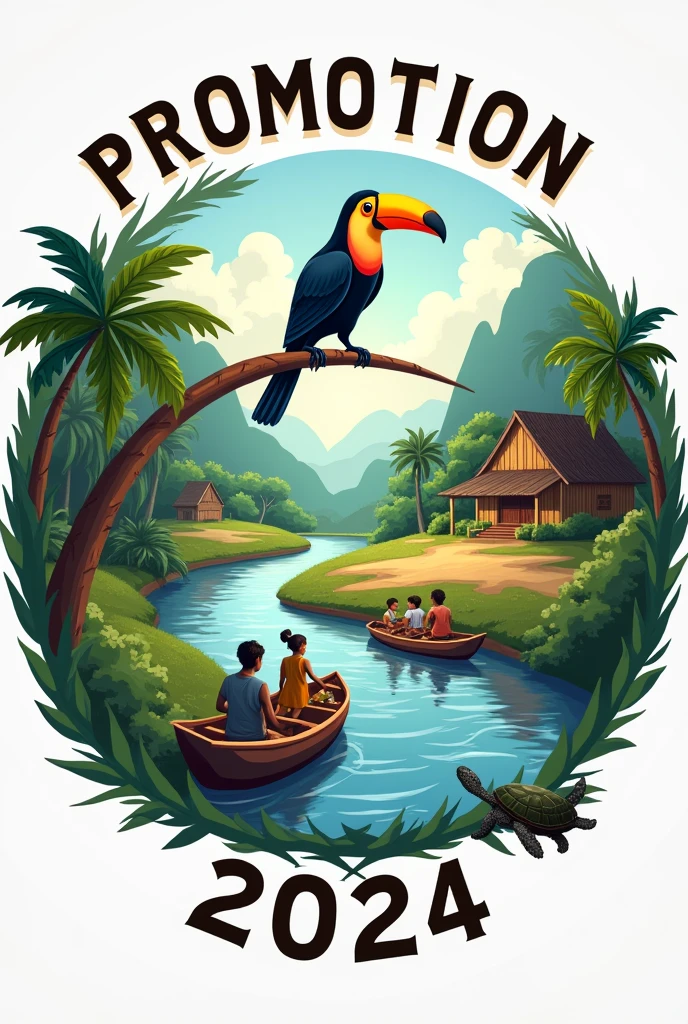 Create a graduation logo in a circle with branches that says 'promotion' at the top and '2024' at the bottom. In the background, there should be a river with currents and some trees on one bank. On the other bank, there should be a dirt road with some wooden houses. There should be a large toucan in the scene. And in the river, there should be indigenous children wearing white school shirts passing by in a small wooden boat going to school. At the bottom of the logo, there should be two turtles. 