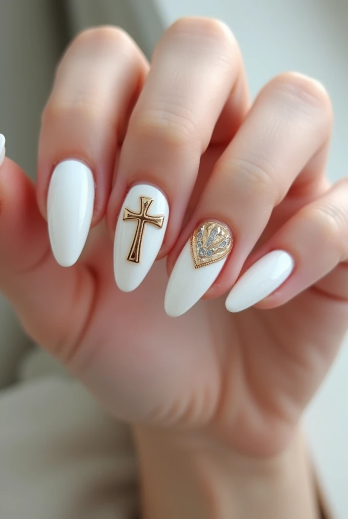 White gel nails. 1,5 cm. Lacquered golden facings with a Christian cross