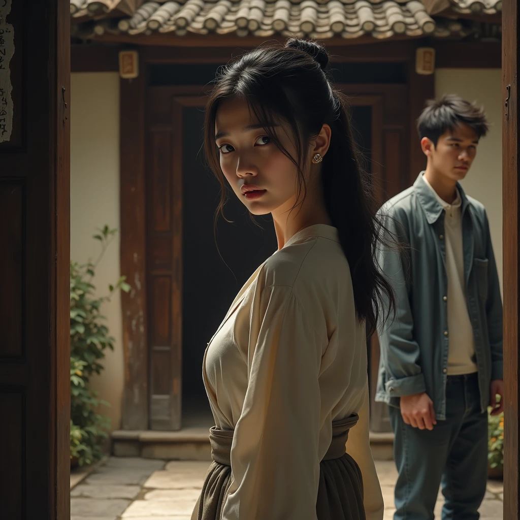 A woman is seen leaving a traditional home, glancing back with a mix of guilt and defiance. Her husband is in the background, looking disappointed or upset, standing by the door.