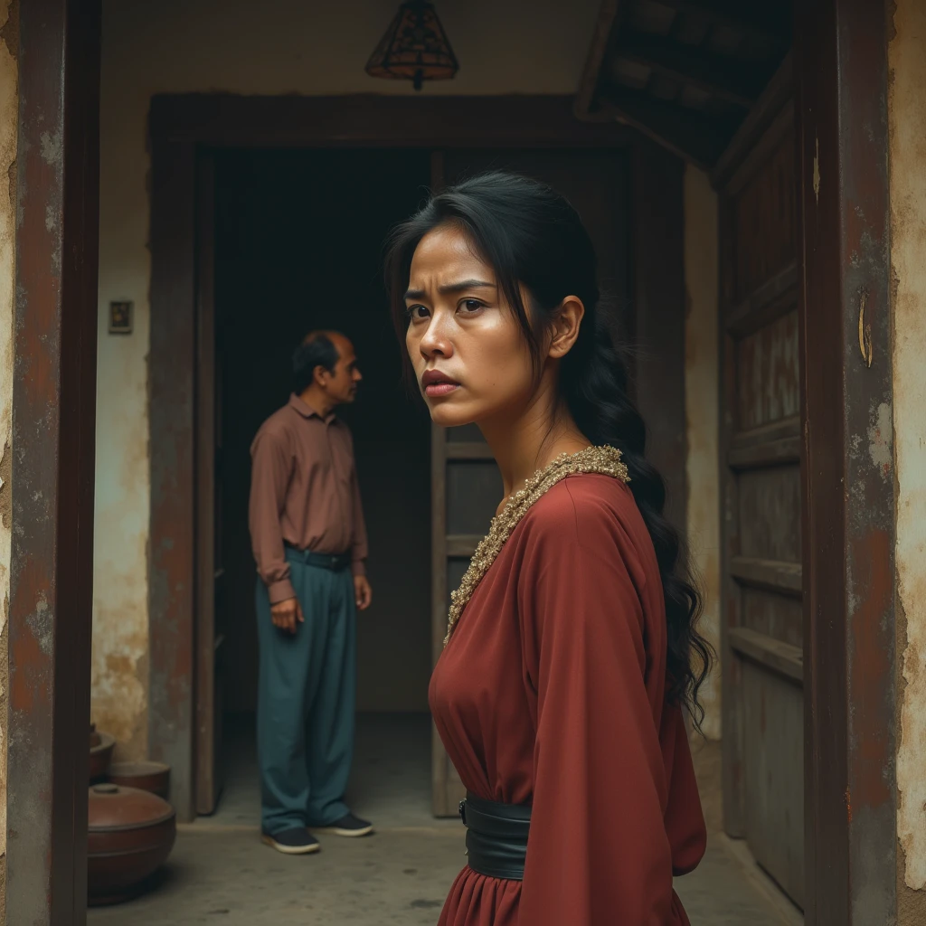 A woman is seen leaving a traditional home, glancing back with a mix of guilt and defiance. Her husband is in the background, looking disappointed or upset, standing by the door.