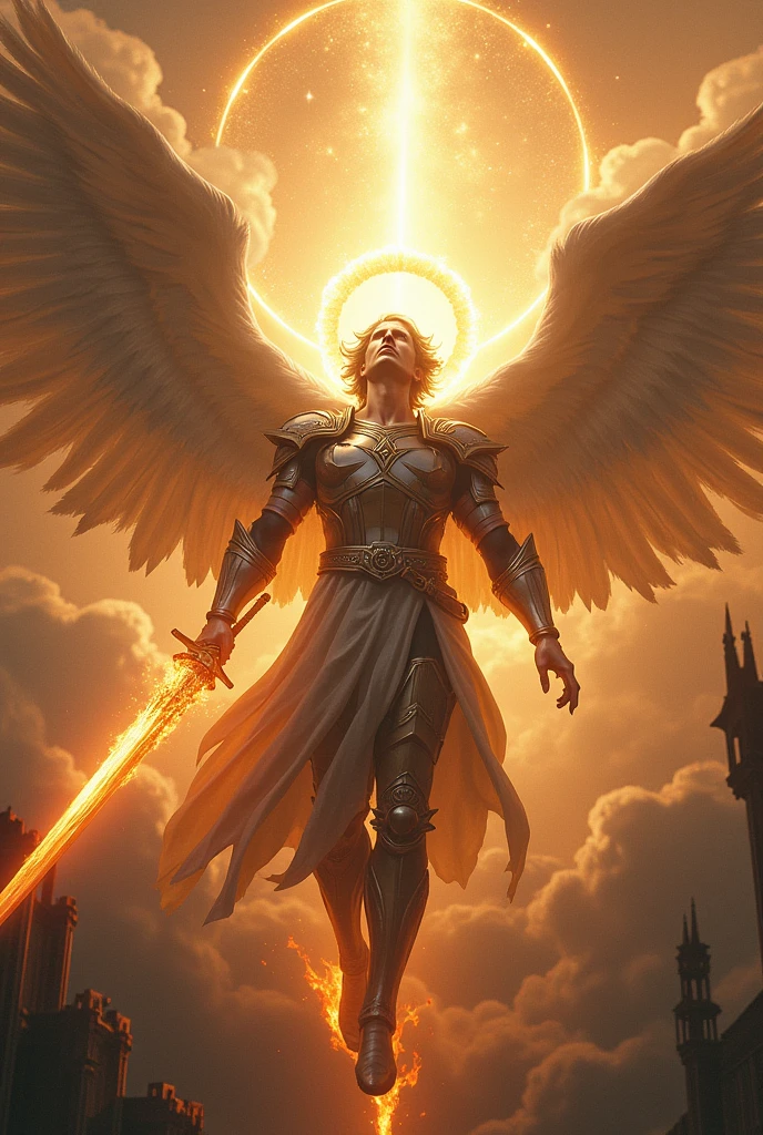 The devil being expelled from heaven by Michael, a warrior angel