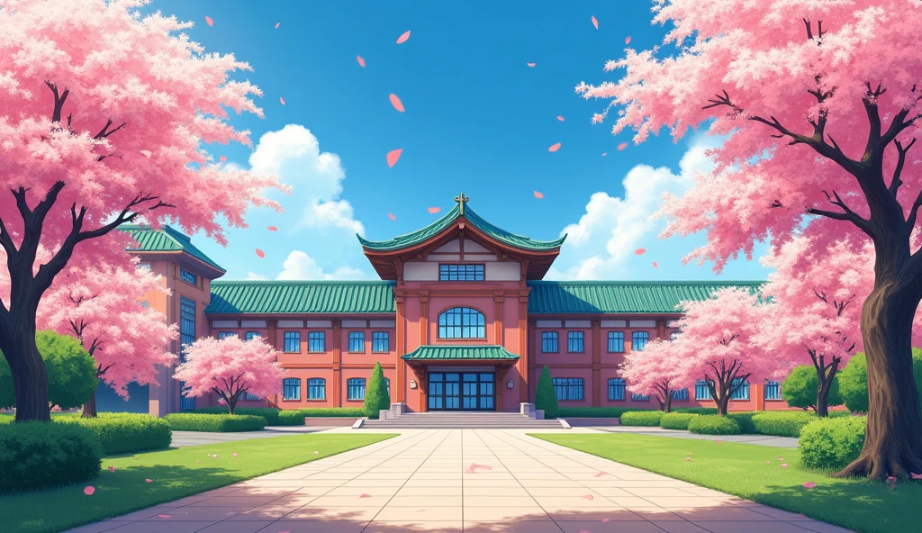 Japanese school sunny day anime style outside of the school view, no people