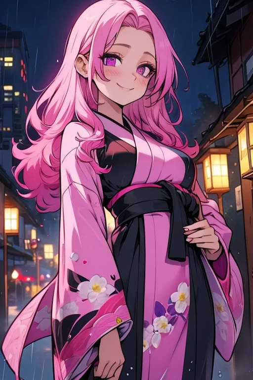 Perfect face. Perfect hands. A pink haired woman with violet eyes and an hourglass figure in a pretty kimono is smiling in the rain