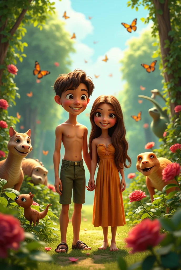 A Disney Pixar-esque image of Adam and Eve, surrounded by colorful animals and birds in the Garden of Eden 🦋🦖