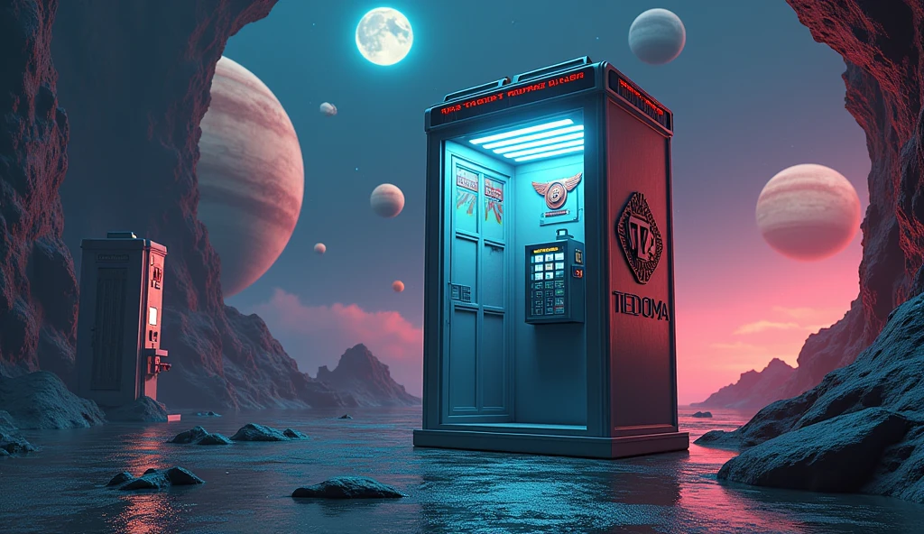 There is a phone booth with planets in the background, rendered in keyshot, location is inside, cabine cyberpunk, futuristic cabins, positioned on the right side, represented as a 3D rendering, 3D rendering beep, portal in space, police box, written TEDOMA, promotional rendering, sci-fi magic highly detailed, not beeple style, sci-fi vending machine,