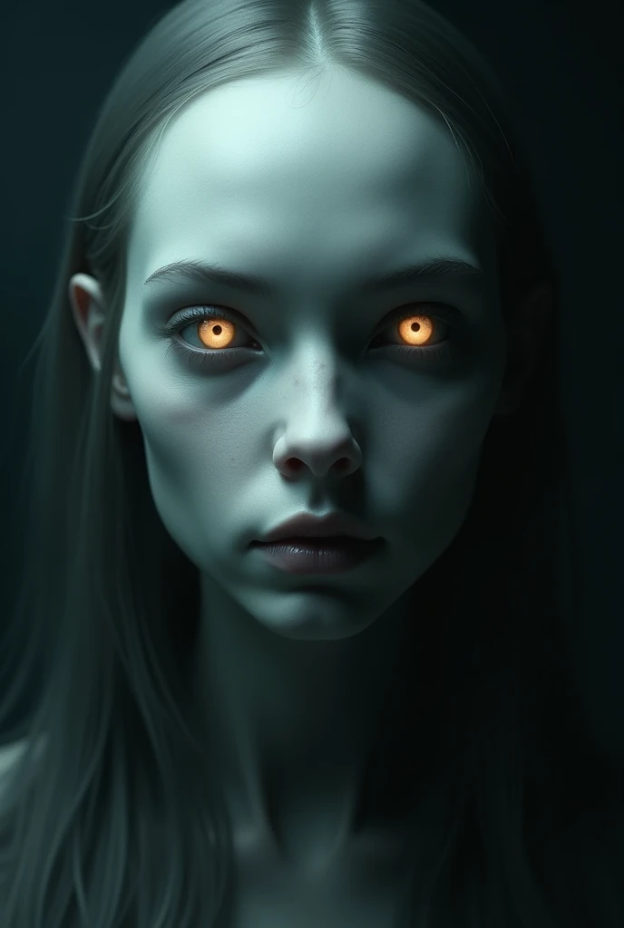 7. Un visage pâle, presque spectral, avec des yeux perçants brillants dans l’obscurité, fixant directement la caméra.