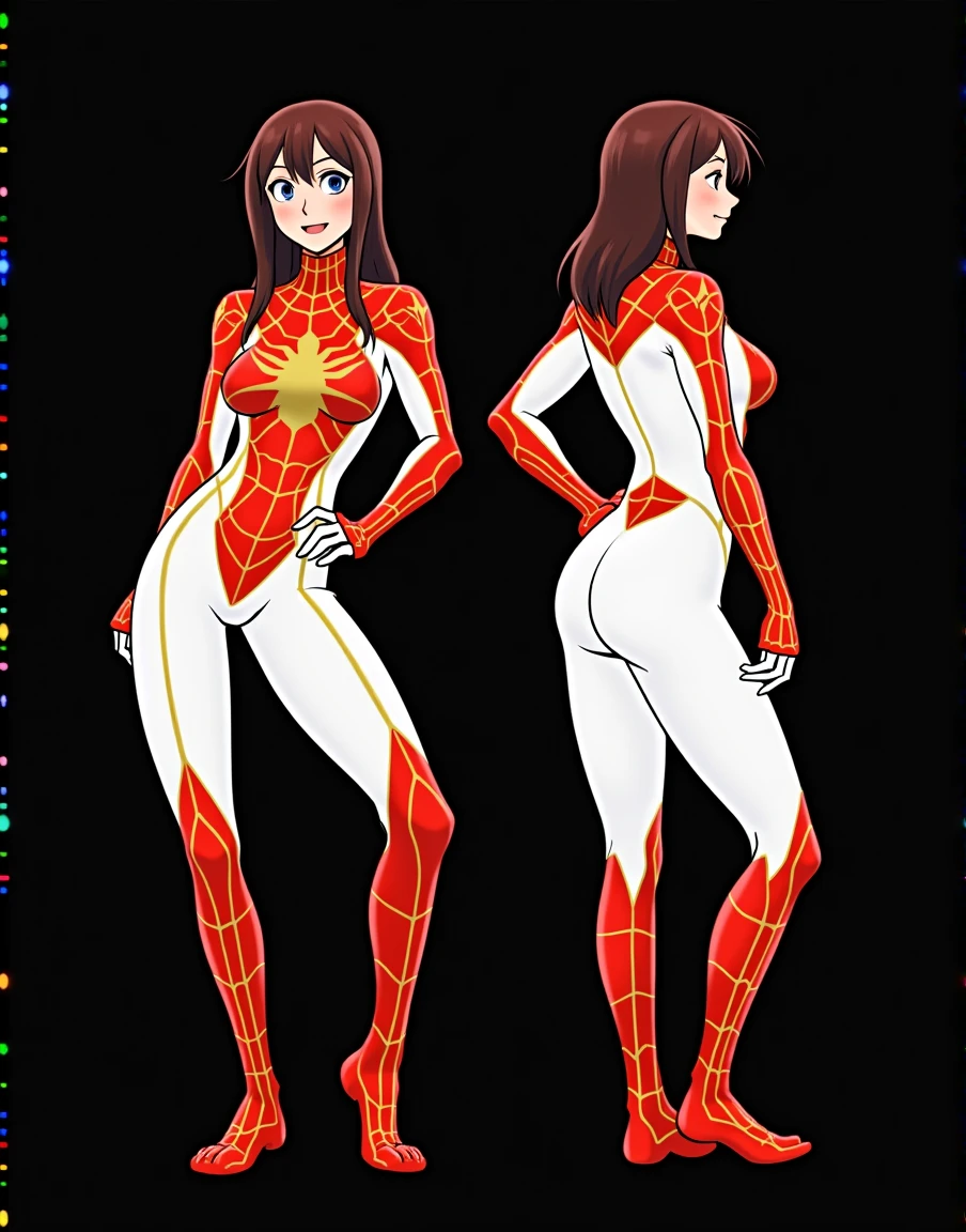 Generate a full body image of a beautiful girl with a powerful spider type quirk in my hero academia
