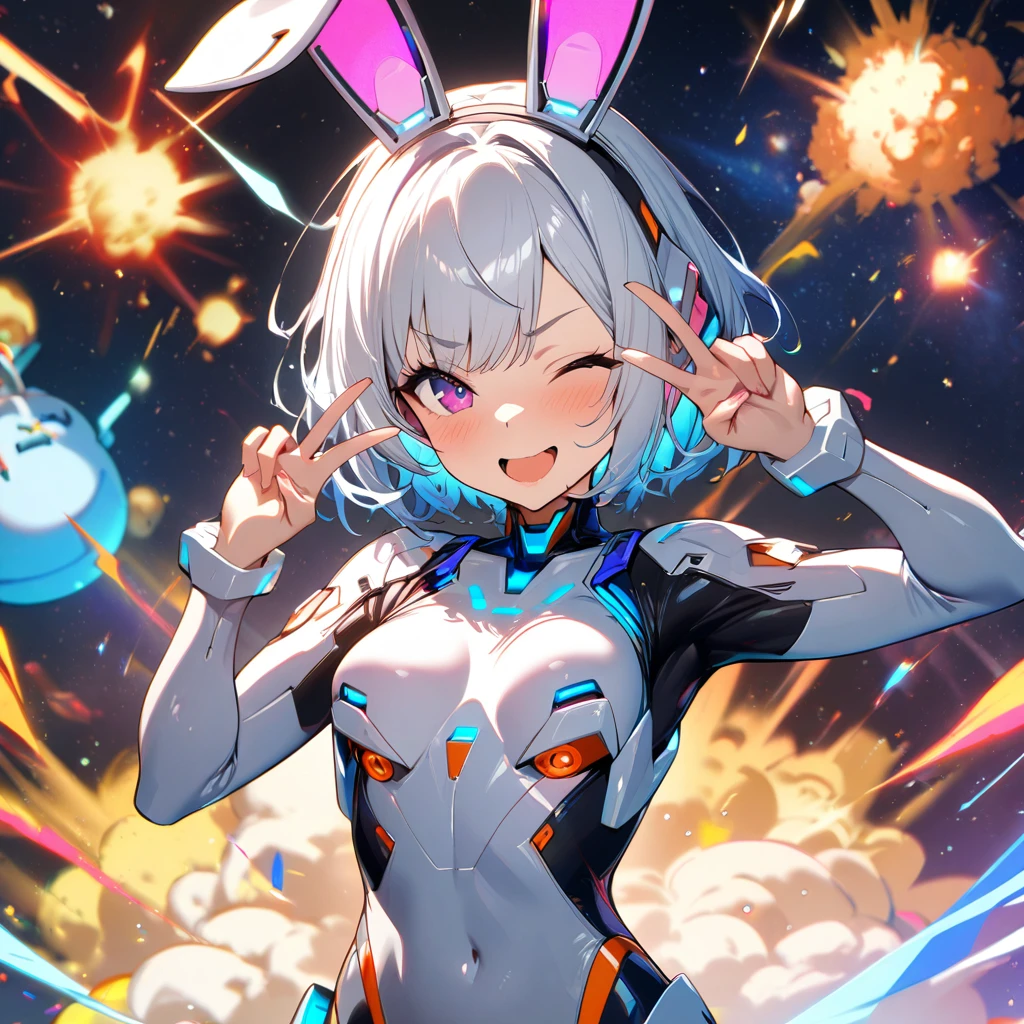 1girl, wink, short hair, dressed with futuristic suit, robotic rabbit ears ,v pose ,space in background, detail richness, masterpiece, best quality, explosion of flashy colors
