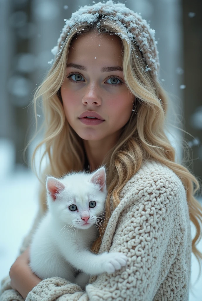 a beautiful girl with long blonde hair, detailed eyes, nose, and lips, in the snow with a Cute snow kitten in her arms, a woman who looks like alisha lehmann, realistic, (best quality,4k,8k,highres,masterpiece:1.2),ultra-detailed,(realistic,photorealistic,photo-realistic:1.37),detailed facial features, beautiful flowing hair, soft skin, snow covered forest background, warm lighting, depth of field, intricate details, cinematic composition, dramatic lighting, muted color palette, atmospheric haze