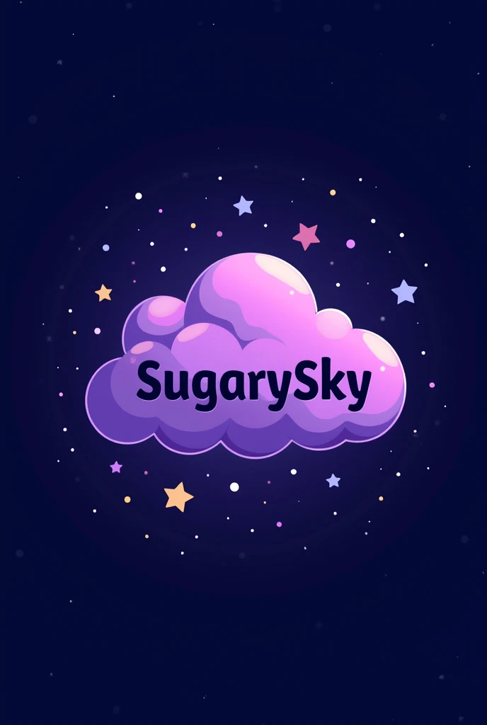 Logo of a single purple cloud, the cloud slightly deformed with a starry sky, In the middle of the cloud, the logo name is SugarySky