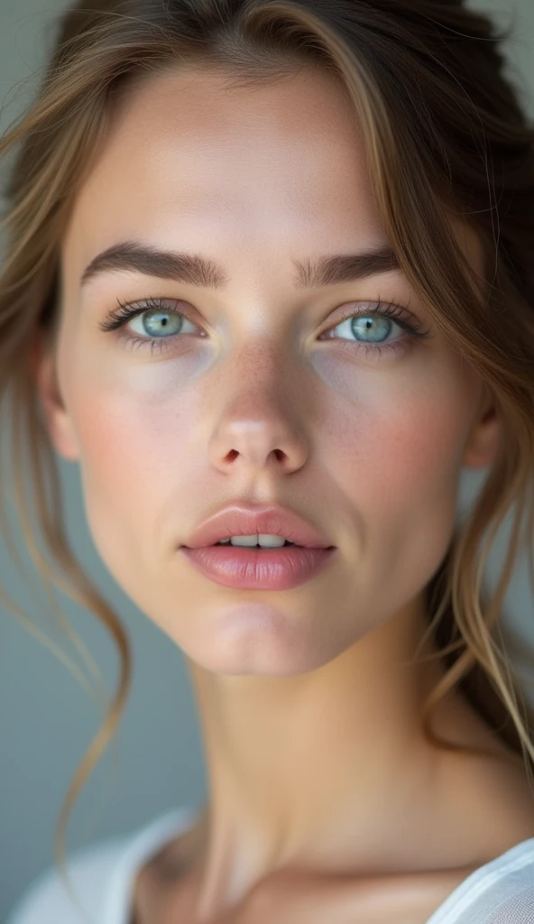 that of a beautiful woman with beautiful blue eyes and perfect white skin, smooth skin without marks, beautiful and perfect and very thick with full and perfect lips, appearing to have a delicate, physiognomy and innocent