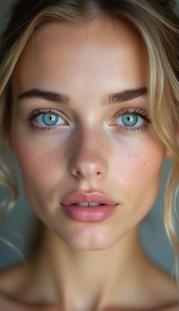 that of a beautiful woman with beautiful blue eyes and perfect white skin, smooth skin without marks, beautiful and perfect and very thick with full and perfect lips, appearing to have a delicate, physiognomy and innocent