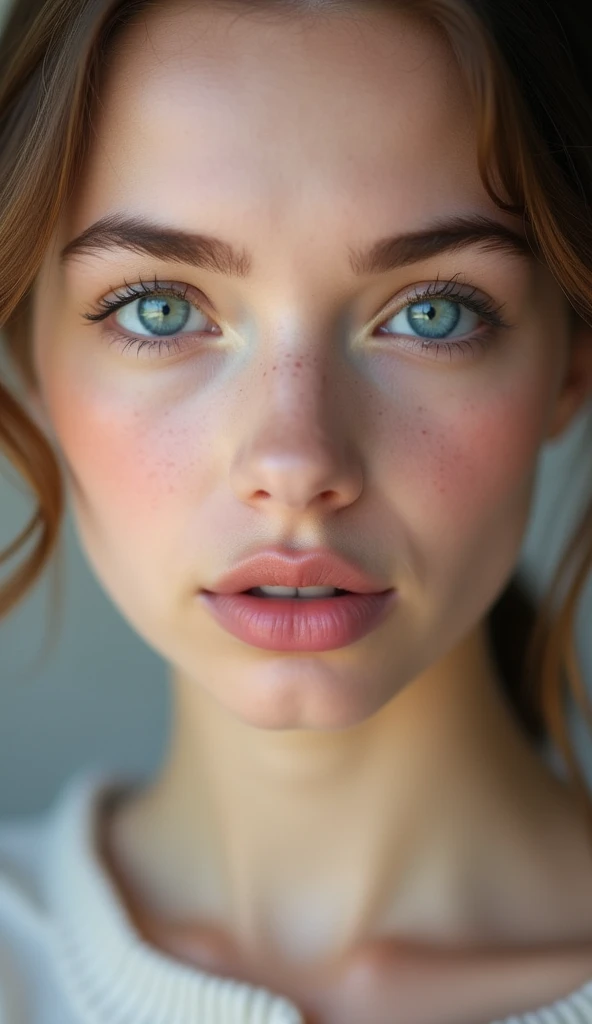 that of a beautiful woman with beautiful blue eyes and perfect white skin, smooth skin without marks, beautiful and perfect and very thick with full and perfect lips, appearing to have a delicate, physiognomy and innocent