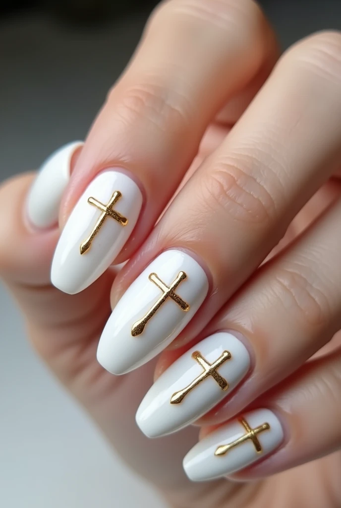 White gel nails. 1,5 cm. Lacquered golden facings with a Christian cross