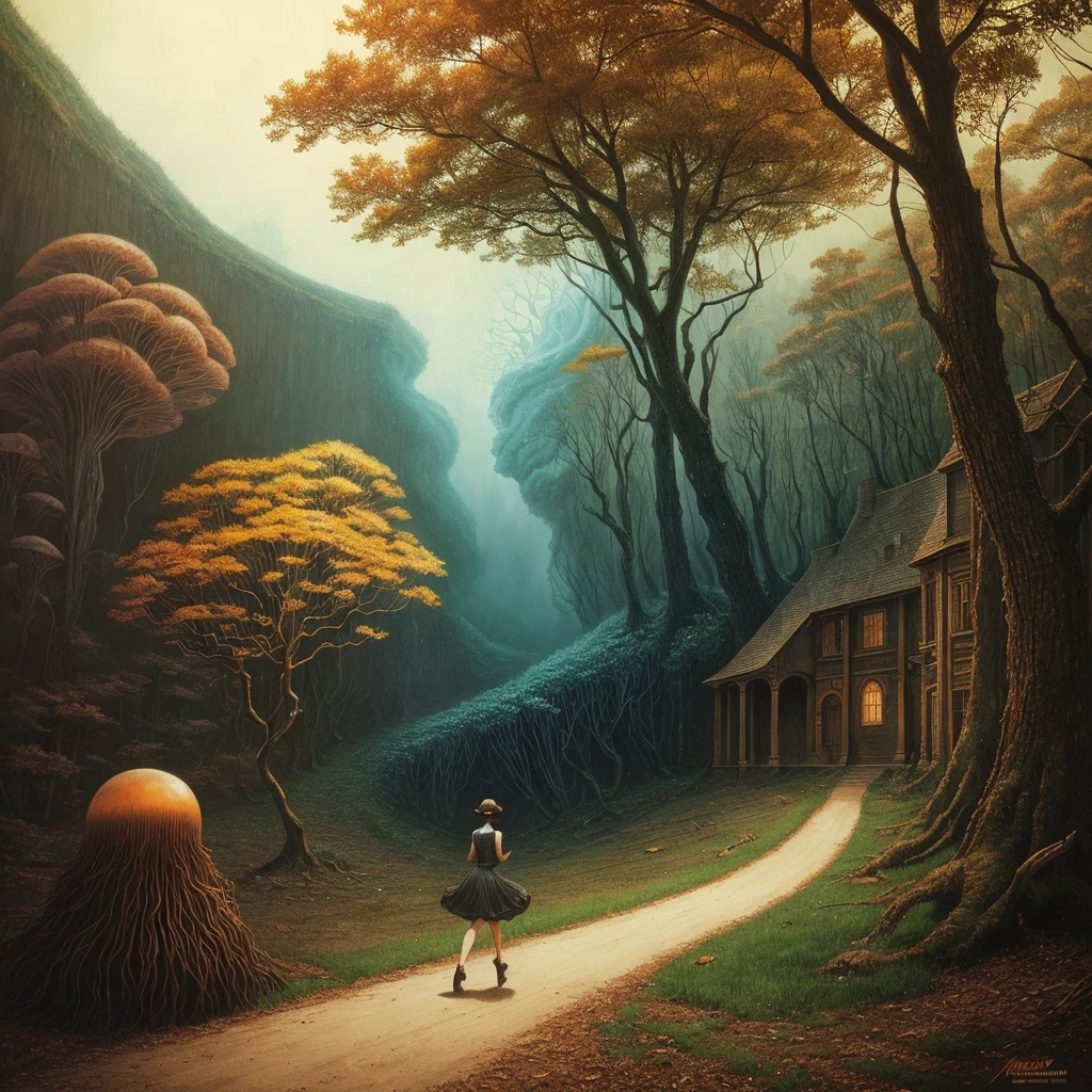 golden hour, paranormal activities, surreal portrait of a beautiful scared young woman with face of Audrey Hepburn morphed with Anne Hathaway screaming running away from taxes and dancing, colorful forrest with weird trees, log palace, gigantic jellyfish ufo producing tornado whirlpool, hedgehog giraffe, swing, psyhodelic horror mood, color pencil art in style of zdzisław beksiński