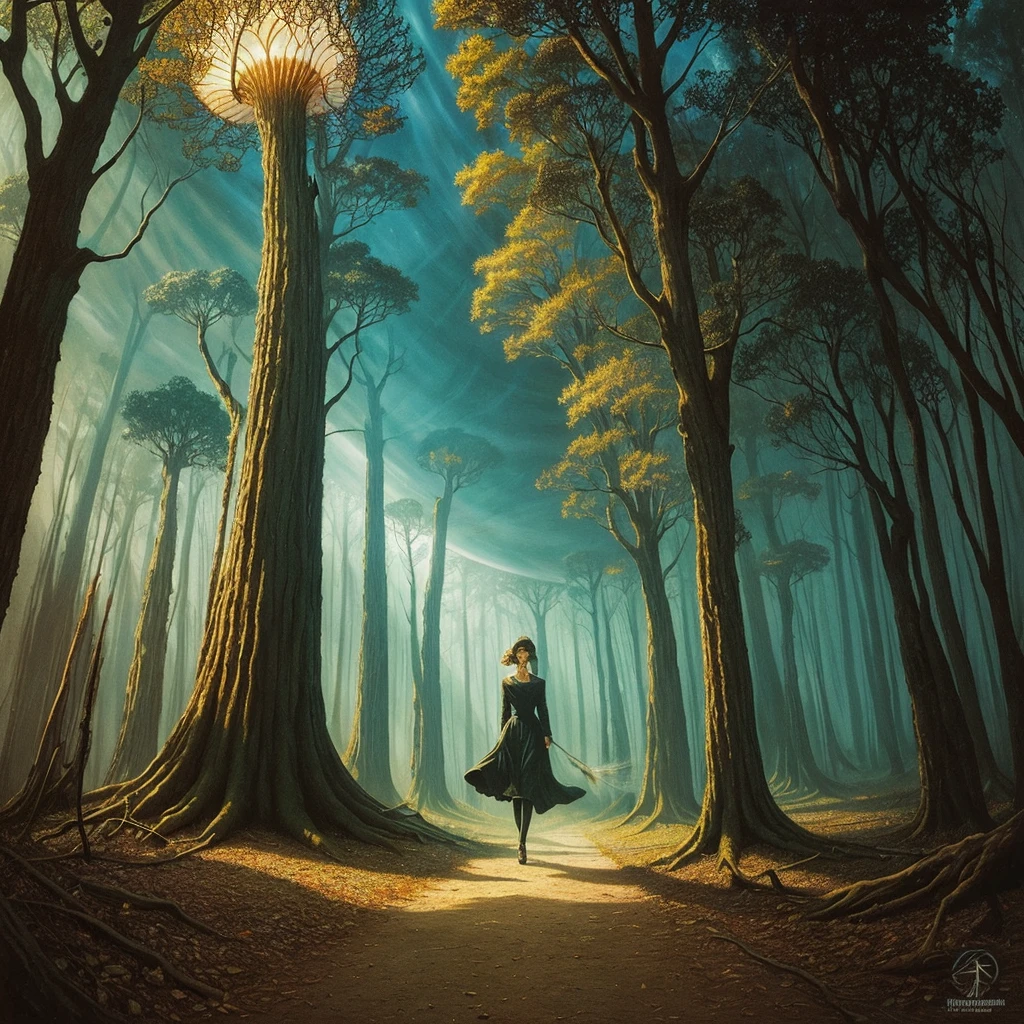 golden hour, paranormal activities, surreal portrait of a beautiful scared young woman with face of Audrey Hepburn morphed with Anne Hathaway screaming running away from taxes and dancing, colorful forrest with weird trees, log palace, gigantic jellyfish ufo producing tornado whirlpool, hedgehog giraffe, swing, psyhodelic horror mood, color pencil art in style of zdzisław beksiński