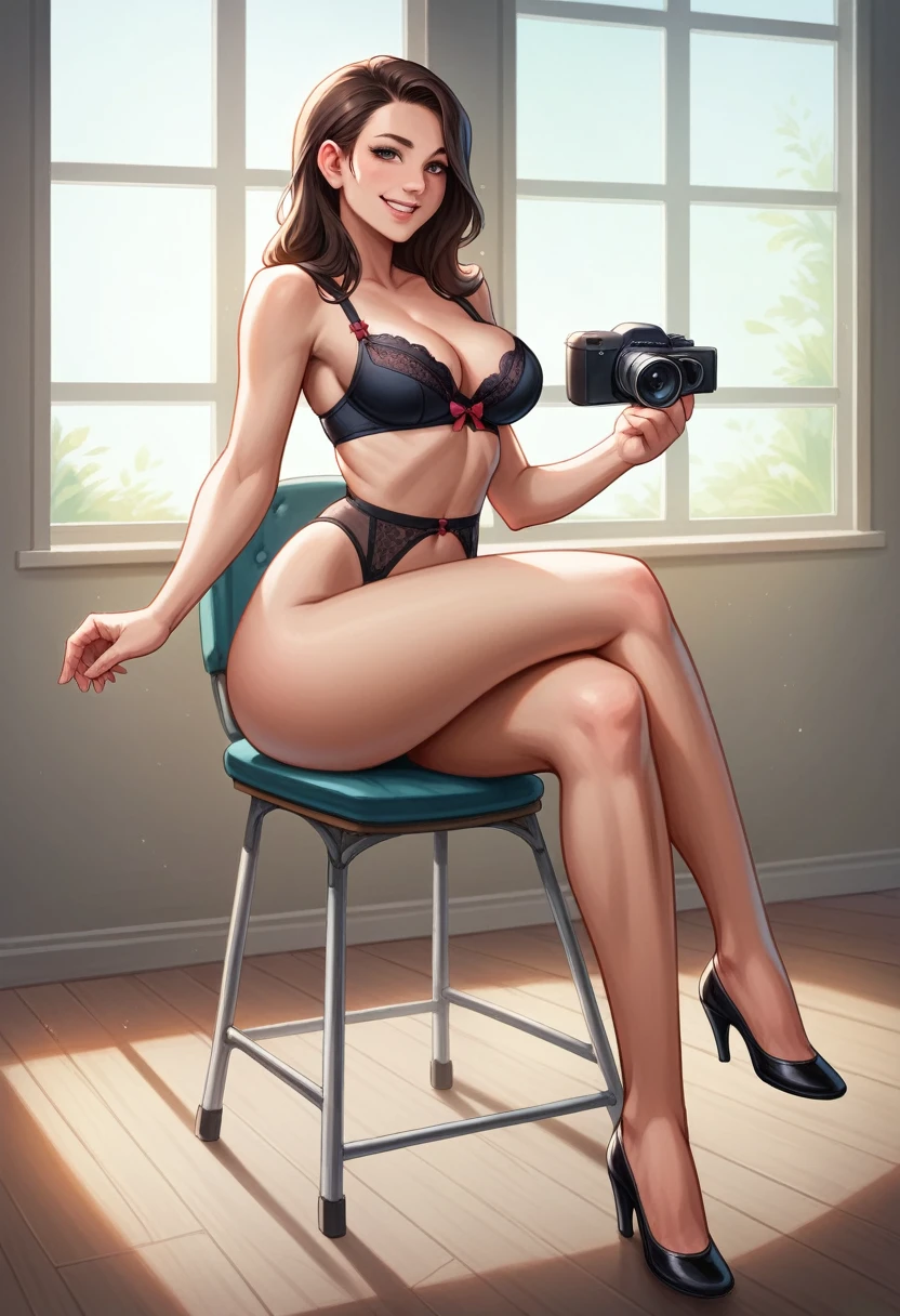 European woman, cute, brunette, looks at camera, smile, ultra realistic, high quality, correct shape, very sexy, 4k, ultra HD, sexy underwear, luxury, cleavage, sexy position, lingerie, buttock, ass, exciting, quality photo, in front of a window, full body, sitting with crossed legs, charming look, professional photo, rear blur, on a deckchair