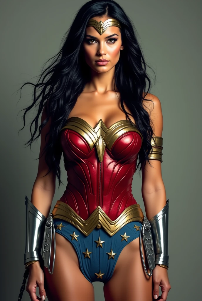 Adriana Lima under the mantle of the Amazonian warrior Wonder Woman long black hair Dreadlocks Diaema Wonder Woman on her forehead costume (((red corset and light blue leggings)))Red boots